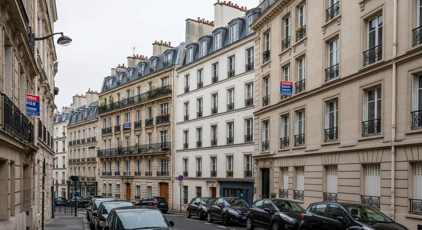 Rue résidentielle avec panneaux immobiliers et prix en baisse